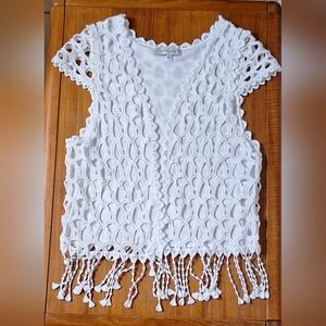 White Crochet Fringe Open Cardigan Eyelet Boho Country Festival Kids Womens NEW
